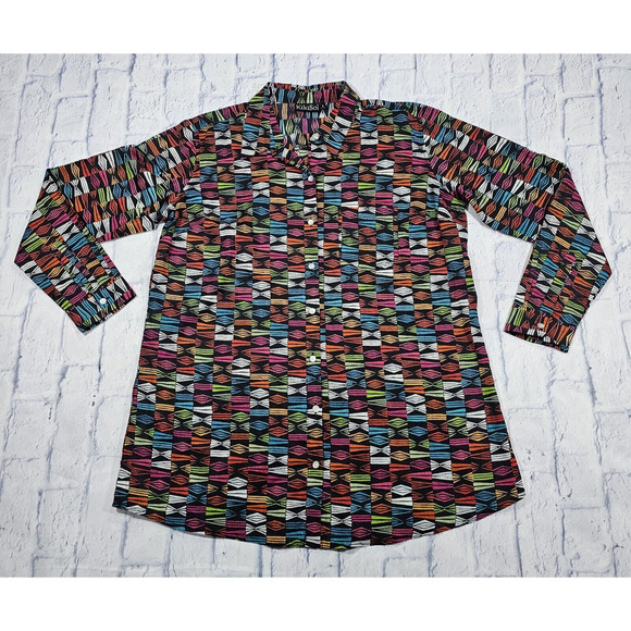 KikiSol Tops - KikiSol WOMENS SIZE L Multicolor Art Boho Tunic Boyfriend Shirt Button Sheer